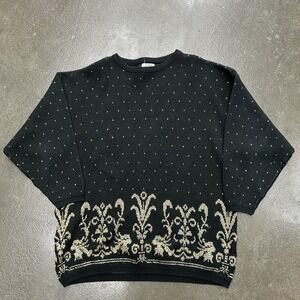Vintage CST Studio Sweater Womens Large Black Metallic Baroque Floral Korea 80s